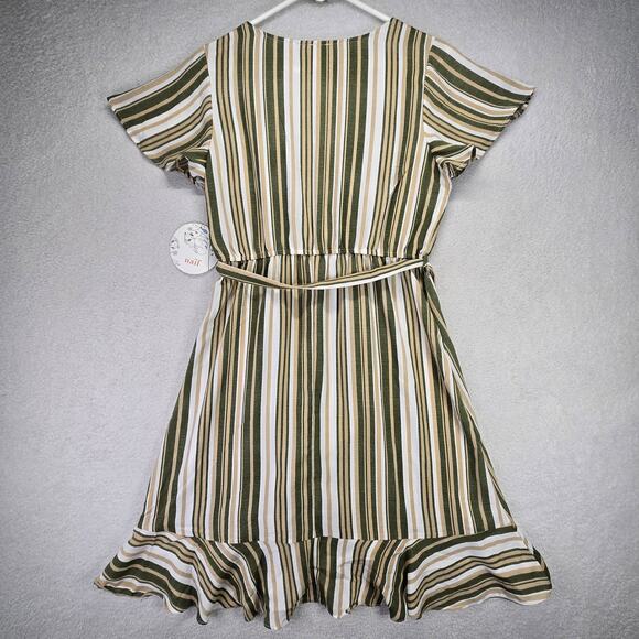 Naif Wrap Mini Dress Womens Medium V Neck Tie Waist Flounce Hem Stripped New - Picture 7 of 10